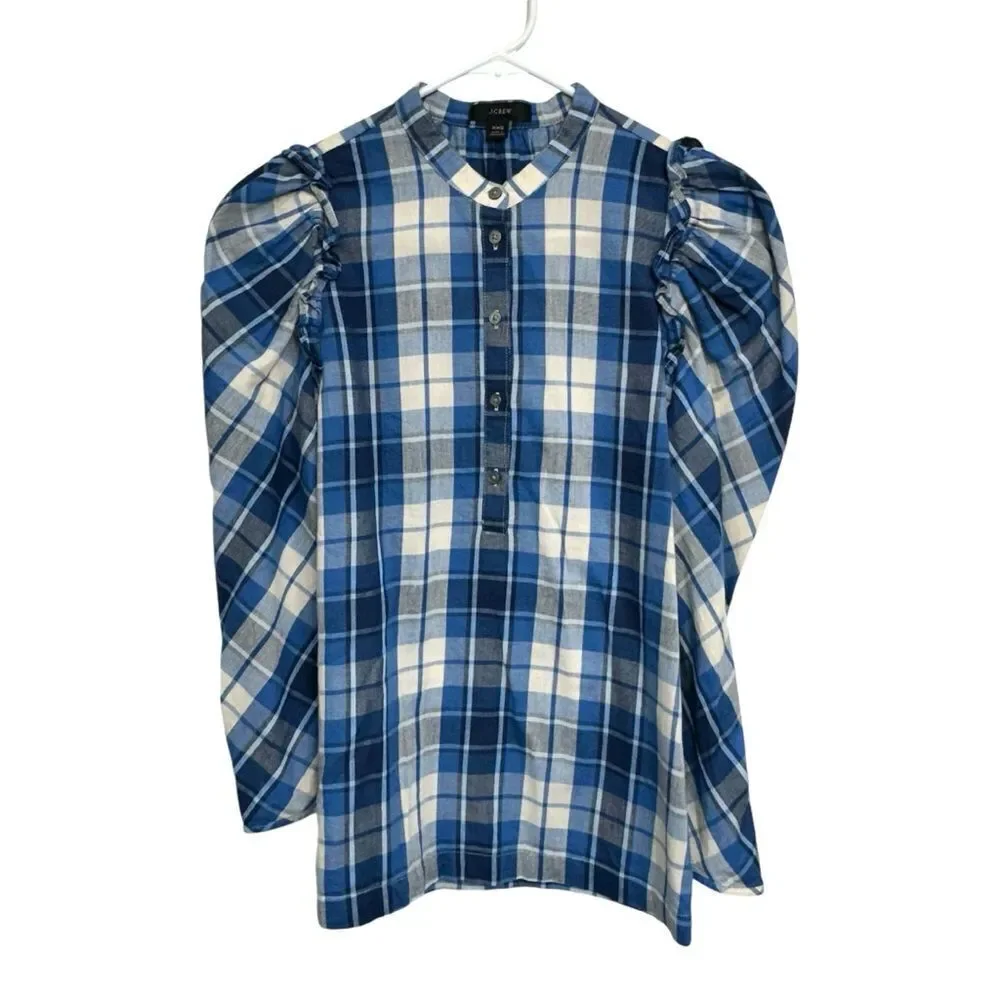 J.Crew Puff Sleeve Pop Over Plaid Blouse in‎ Valley Plaid Flannel, XXS